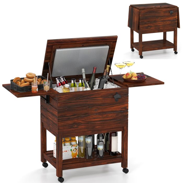 Giantex 54QT Wooden Patio Cooler Cart with Wheels - Image 1