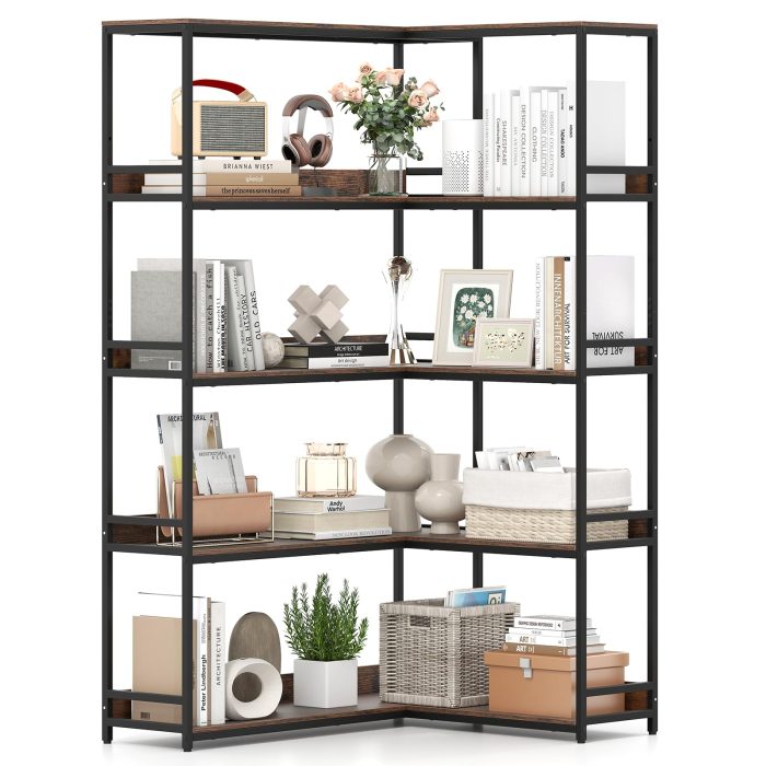 Giantex 5 Tier Corner Bookshelf with Metal Frame for Living Room - Rustic Brown - Image 1