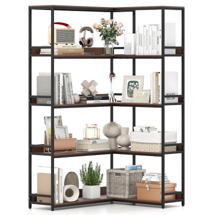 Giantex 5 Tier Corner Bookshelf with Metal Frame for Living Room - Walnut
