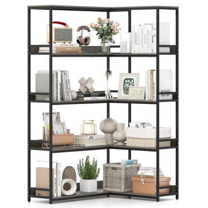 Giantex 5 Tier Corner Bookshelf with Metal Frame for Living Room - Oak