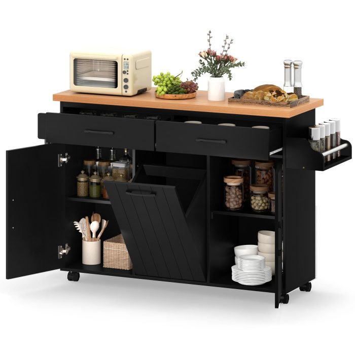 Giantex Kitchen Island w/Trash Bag Storage - Black - Image 1