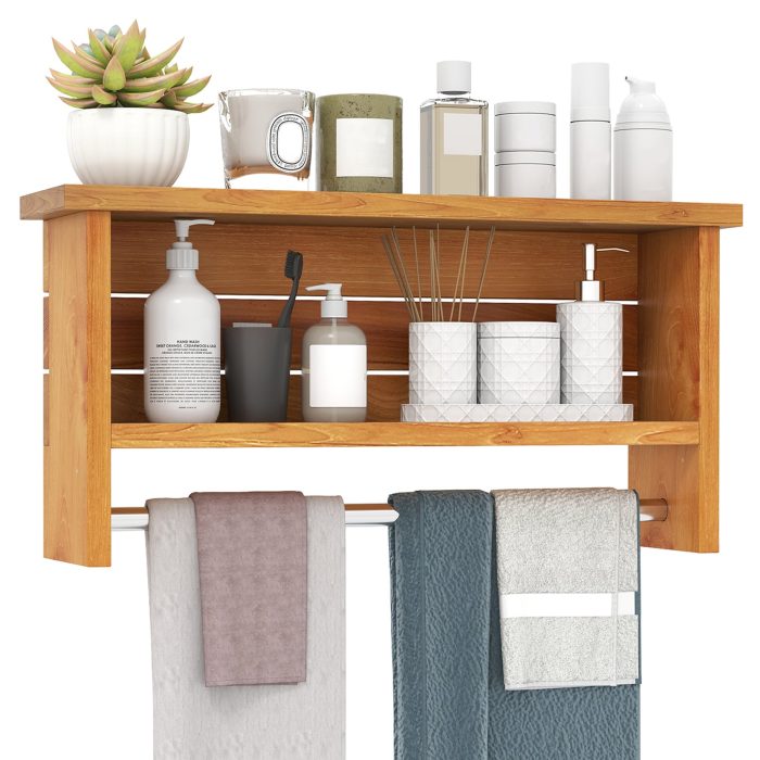 Giantex 3 Tier Solid Teak Wood Bathroom Shelf with Towel Bar - Image 1