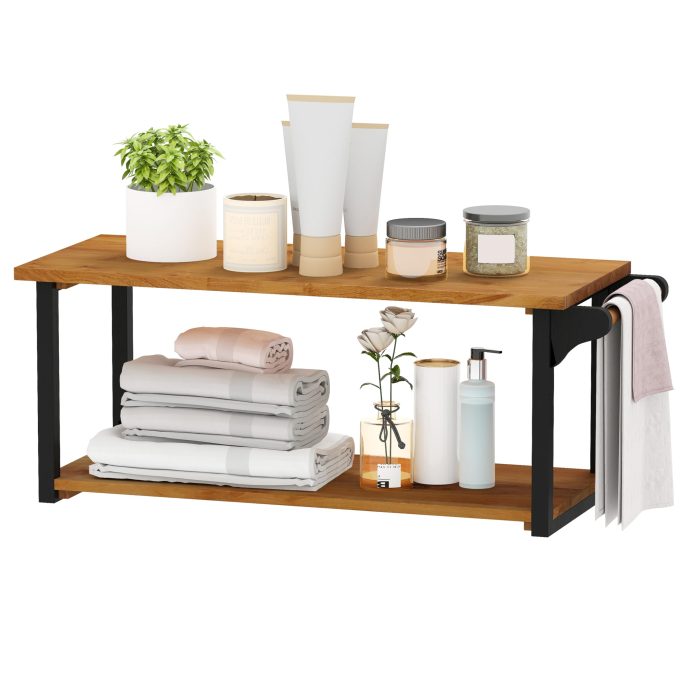 Giantex Teak Wood Bathroom Floating Wall Shelves - Image 1