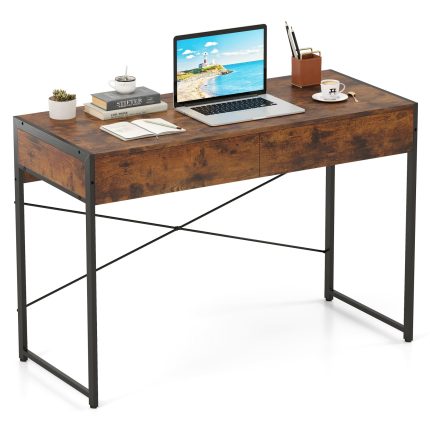 Giantex Computer Desk with 2 Drawers for Small Spaces - Rustic Brown