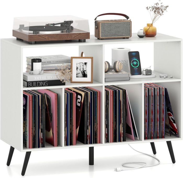 Giantex Large Record Player Stand with Charging Station - White - Image 1