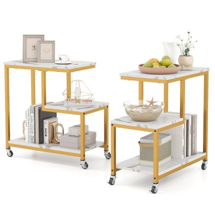 Giantex 3 Tier Side Table with Wheels for Living Room Bedroom Office - 2 White & Gold