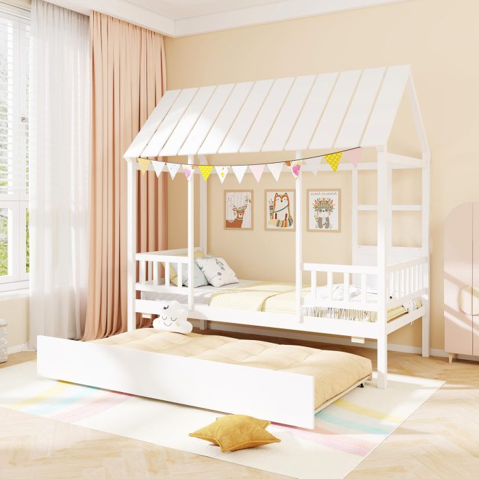 Giantex Twin House Bed with Trundle Bed Twin - Image 1