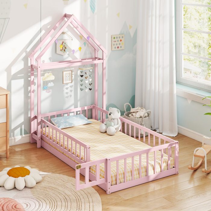 Giantex Twin House Floor Bed for Kids - Pink - Image 1