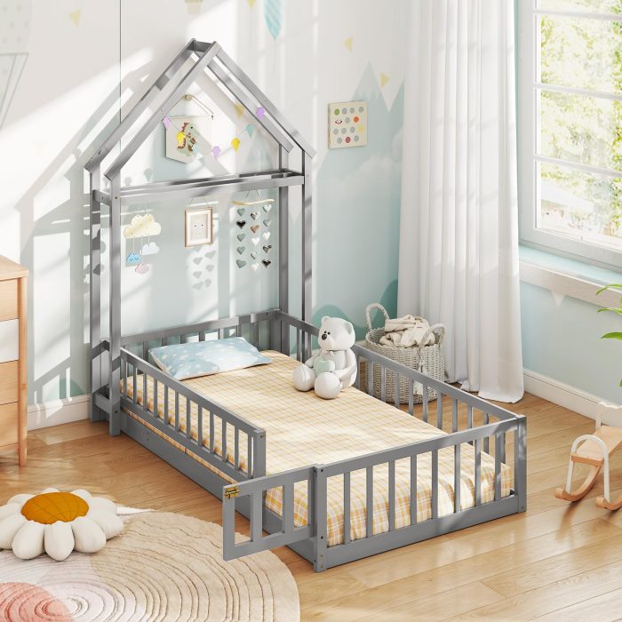 Giantex Twin House Floor Bed for Kids - Grey - Image 1