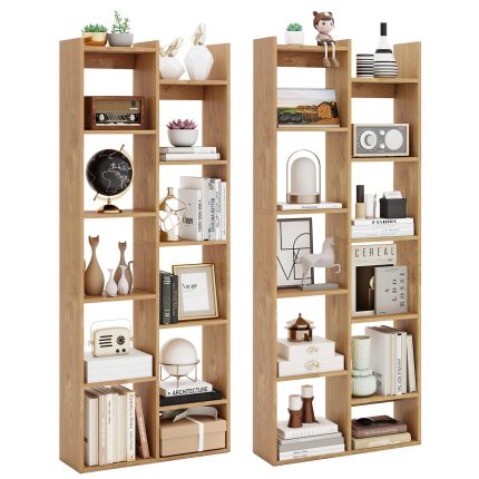 Giantex Modern Bookshelf with 12 Staggered Shelves for Living Room Office - 2 Natural