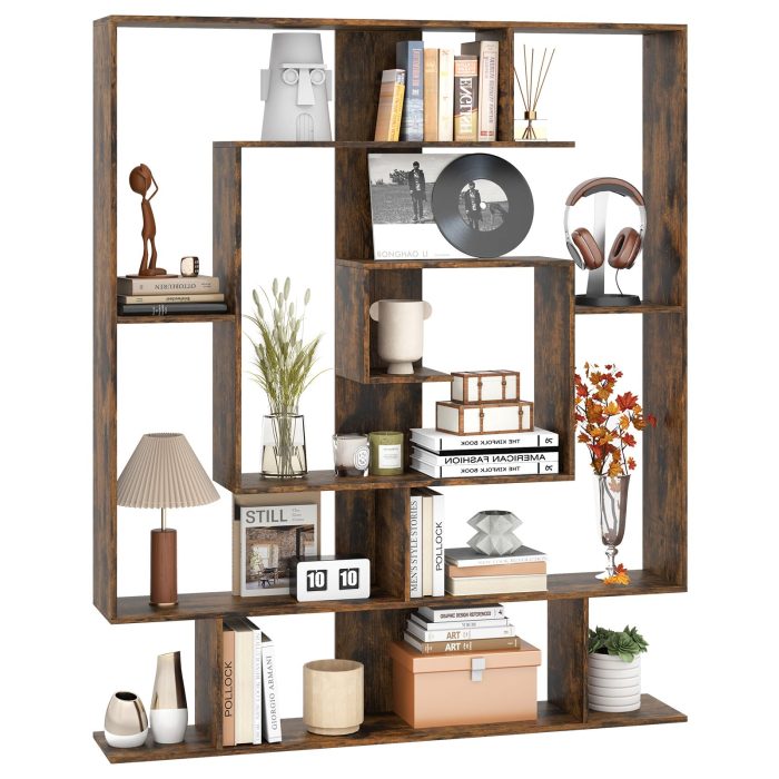 Giantex 7-Tier Geometric Bookshelf - Rustic Brown - Image 1