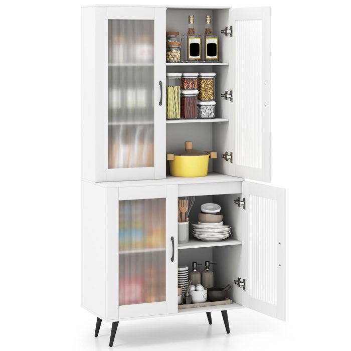 Giantex Kitchen Pantry Cabinet 70.5" Tall Cupboard with 4 Transparent Doors - White - Image 1