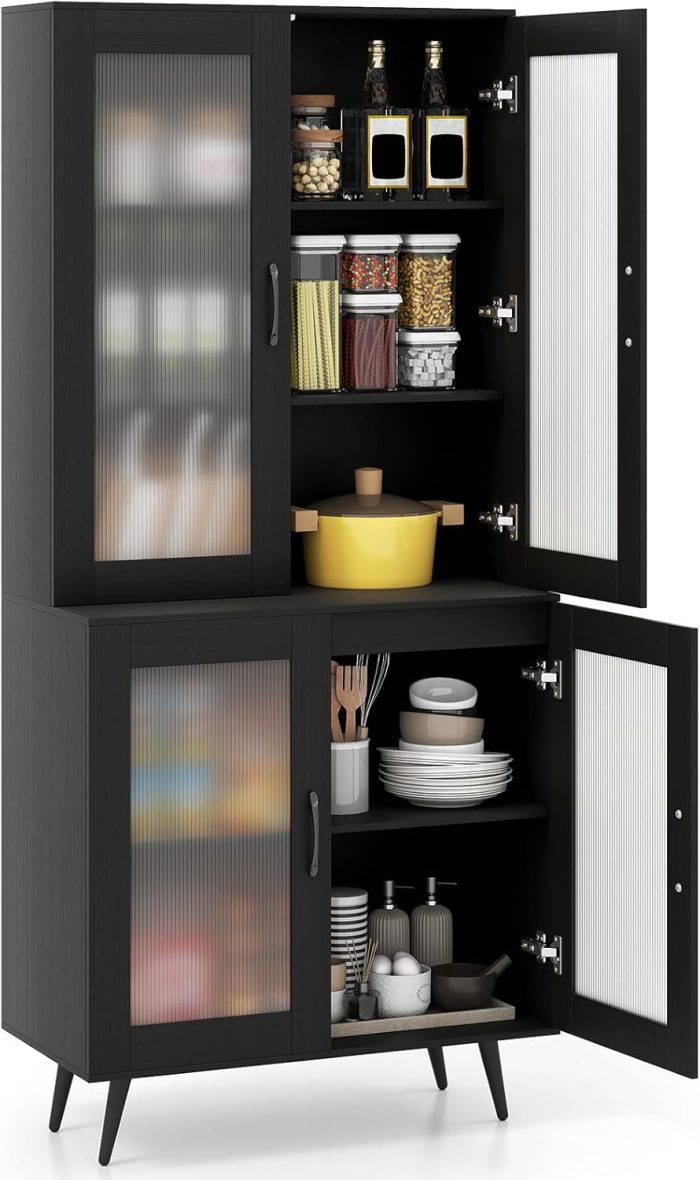 Giantex Kitchen Pantry Cabinet 70.5" Tall Cupboard with 4 Transparent Doors - Black - Image 1