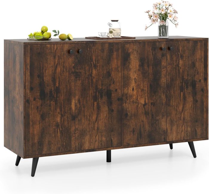 Giantex Buffet Sideboard 4-Door Storage Cabinet with 5-Position Adjustable Shelves - Rustic Brown - Image 1