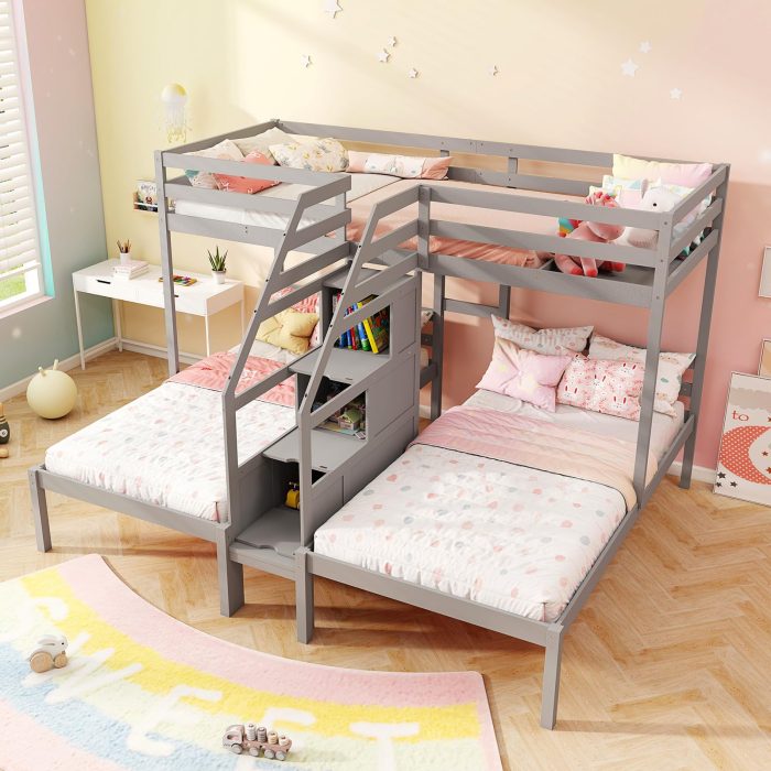 Giantex Twin Over Twin & Twin Bunk Bed Triple Bunk Beds with 4-Step Storage Stair - Image 1