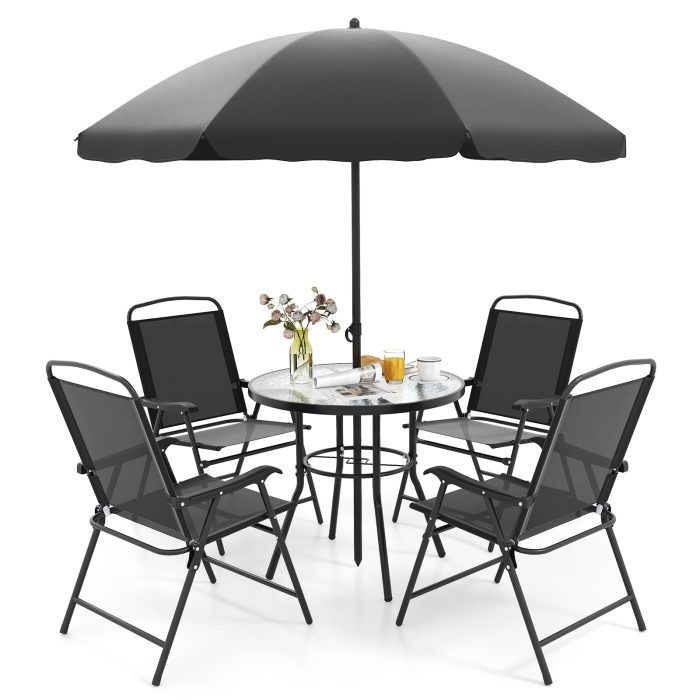 Giantex 6 Pieces Outdoor Dining Set Tempered Glass Umbrella Table with Hole - Image 1