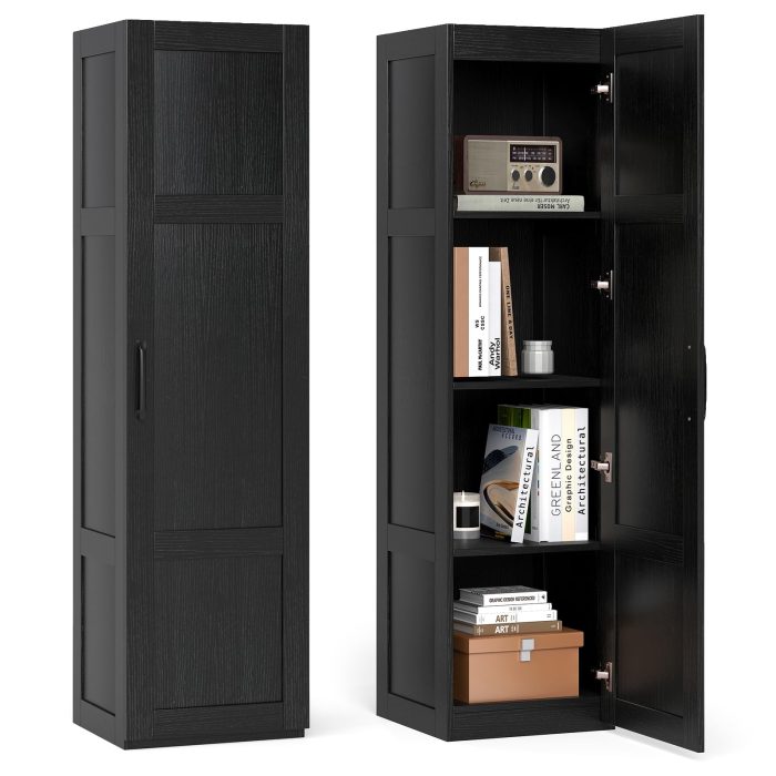 Giantex Narrow Farmhouse Freestanding Bathroom Cabinet with 4 Shelves - Black - Image 1