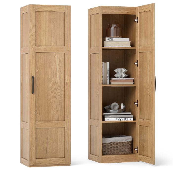Giantex Narrow Farmhouse Freestanding Bathroom Cabinet with 4 Shelves - Natural - Image 1