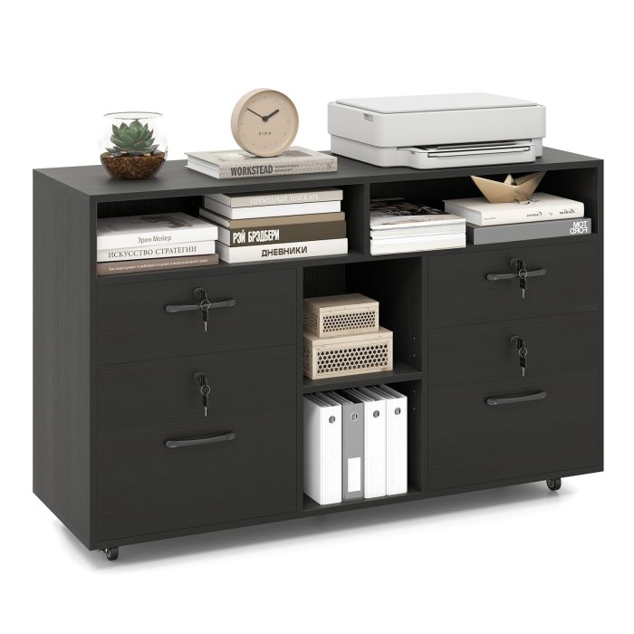 Giantex 4-Drawer Lateral File Cabinet with Lock & 5 Rolling Wheels (2 Lockable) - Black - Image 1