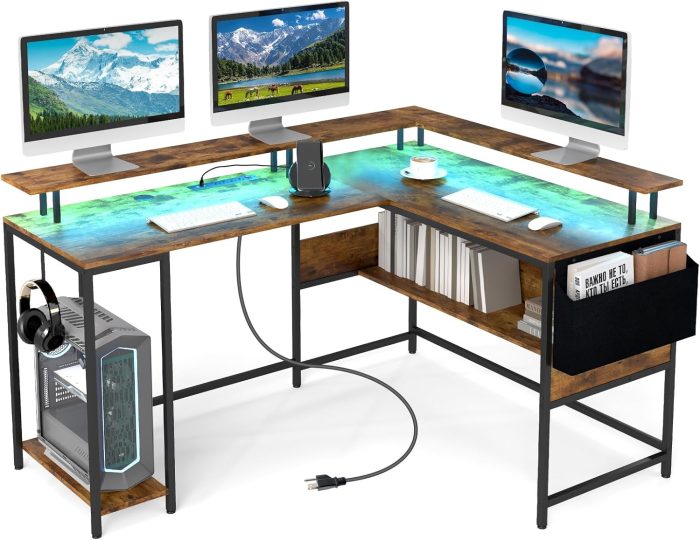 Giantex L Shaped Desk with LED Light & Power Outlets Ergonomic Home Office Desk - Rustic Brown - Image 1