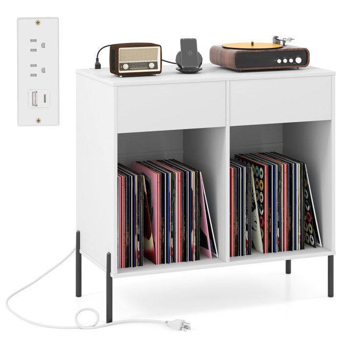 Giantex Large Record Player Stand with Charging Station - White - Image 1