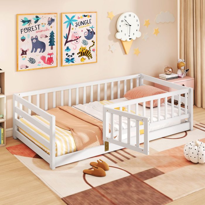 Giantex Twin Floor Bed with High Fence & Door - White - Image 1