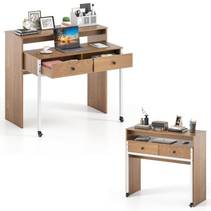 Giantex Small Computer Desk with Hutch & Drawers - Natural