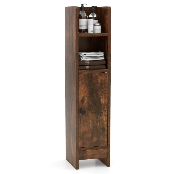 Giantex Slim Bathroom Cabinet with 3 Level Adjustable Shelf & Anti toppling Design - Rustic Brown - Image 1