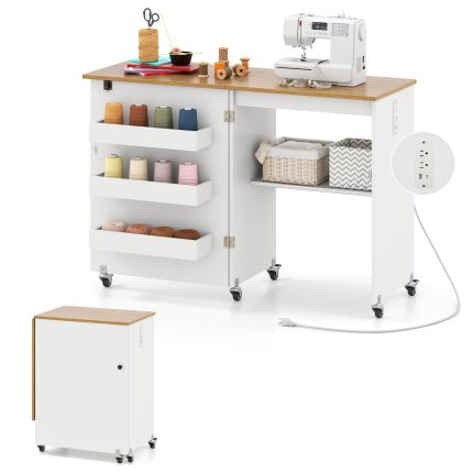 Giantex Folding Sewing Table with Charging Station - White & Natural