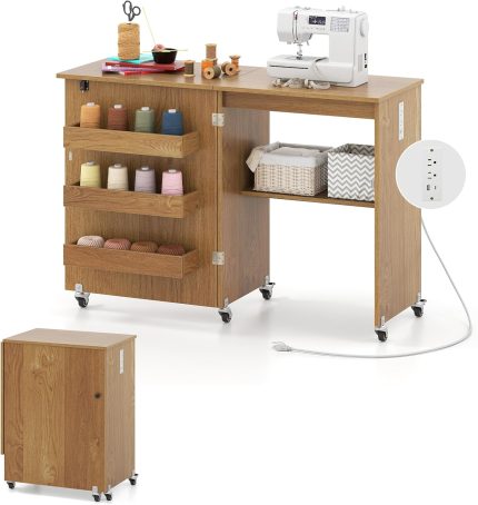 Giantex Folding Sewing Table with Charging Station - Natural