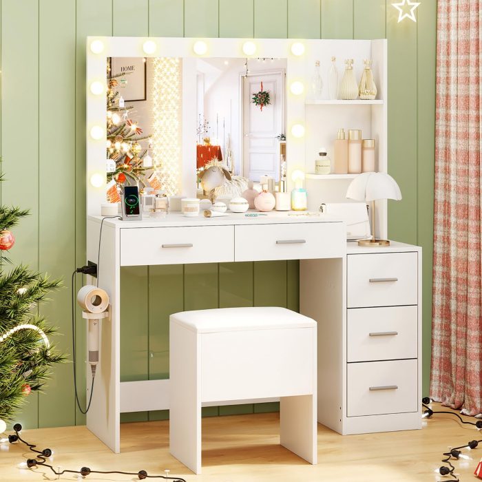 Vanity Desk with Mirror and Lights with Charging Station - Image 1