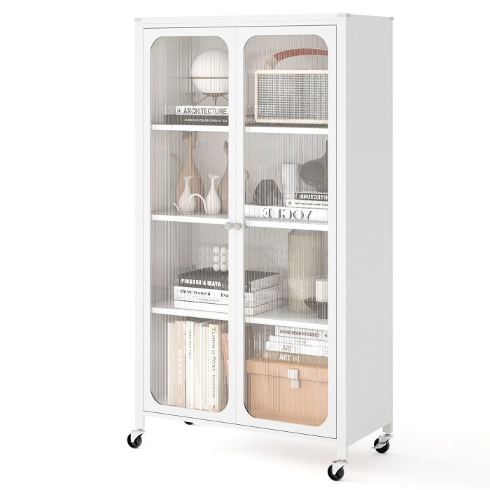 Giantex Bookcase with Doors 58" Tall 4-Tier Bookshelf with Wheels - Image 1