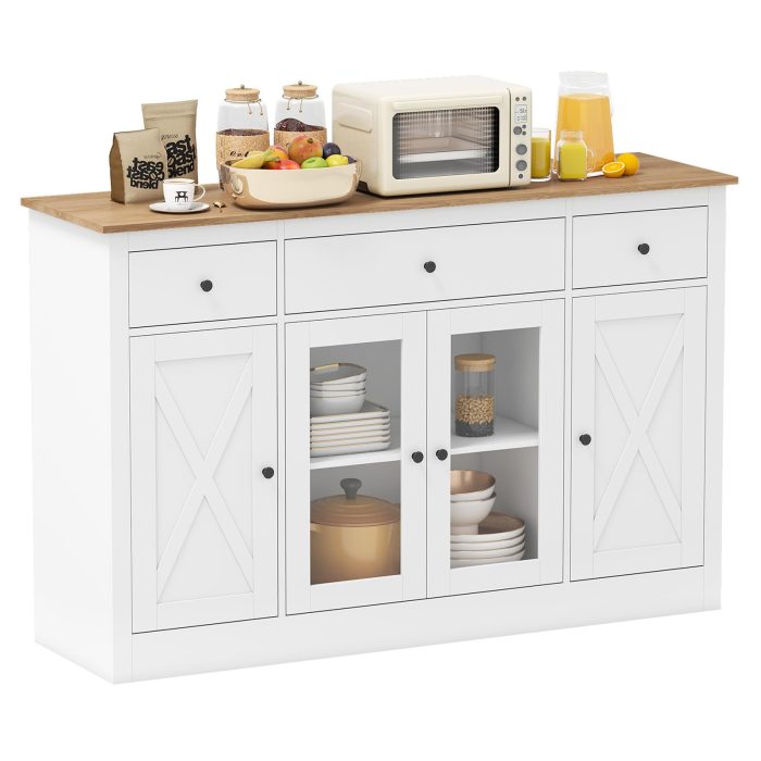 Giantex 55" Large Buffet Sideboard with 3 Drawers & 2 See-Through Doors - White - Image 1