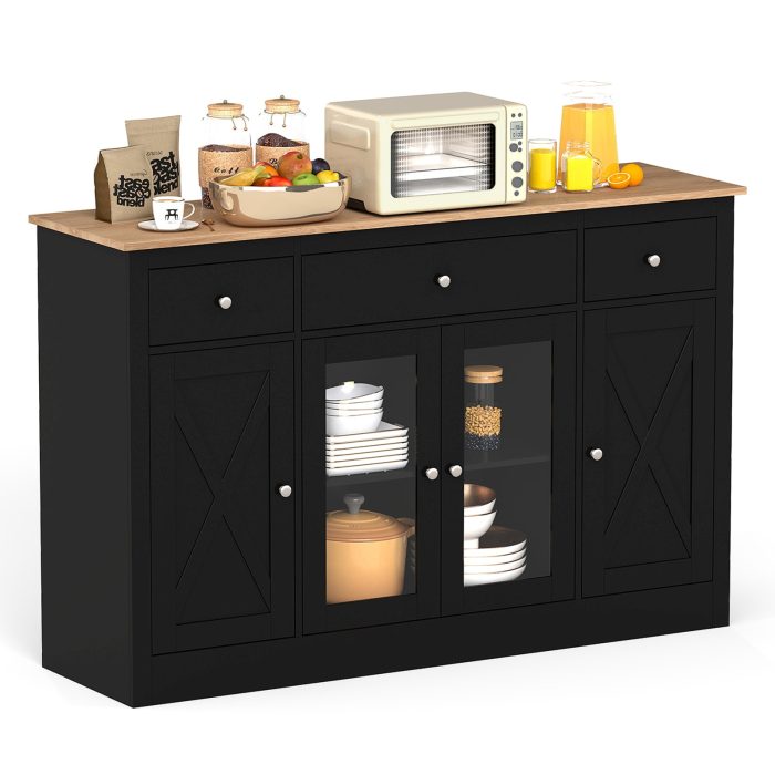 Giantex 55" Large Buffet Sideboard with 3 Drawers & 2 See-Through Doors - Black - Image 1