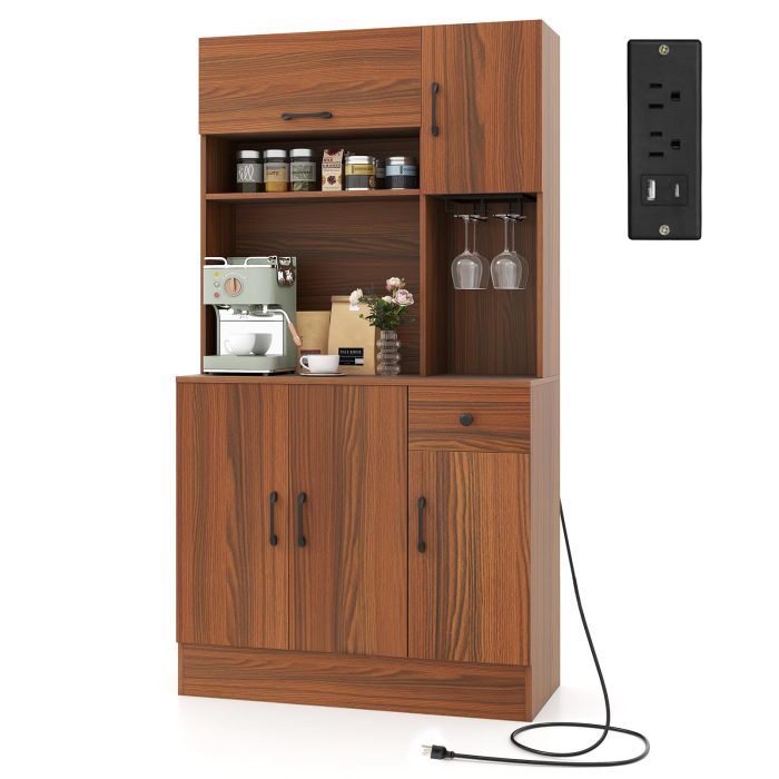Giantex 66" Kitchen Pantry Cabinet with Charging Station for Dining Room Living Room - Image 1