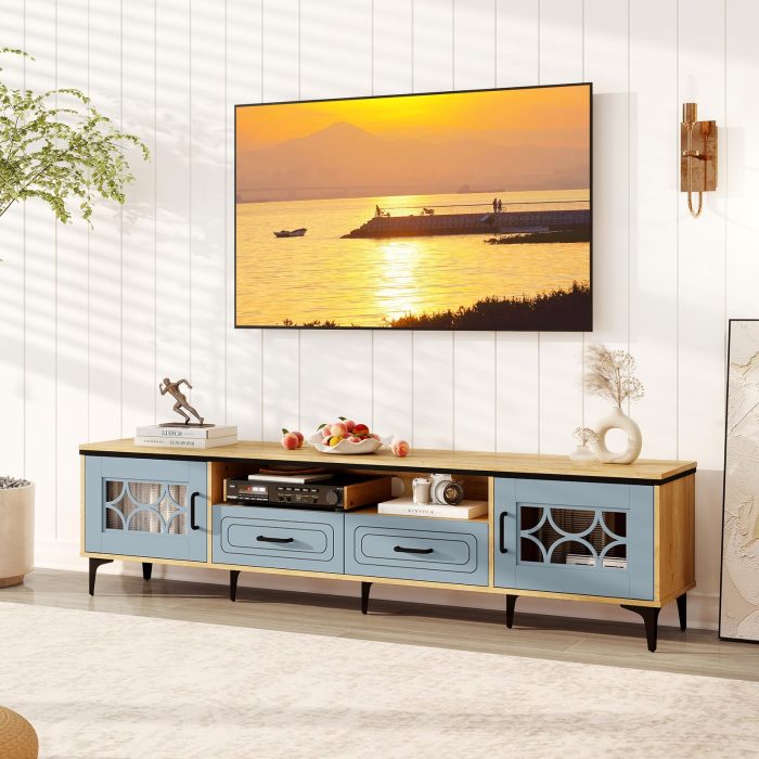 Giantex Wood TV Stand for TVs up to 80" - Oak & Bluish Gray - Image 1