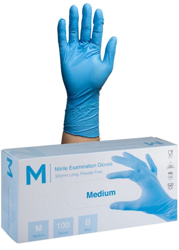 1000 Disposable Blue Nitrile Long Cuff Powder Free Gloves Pack - Medium - Image 1