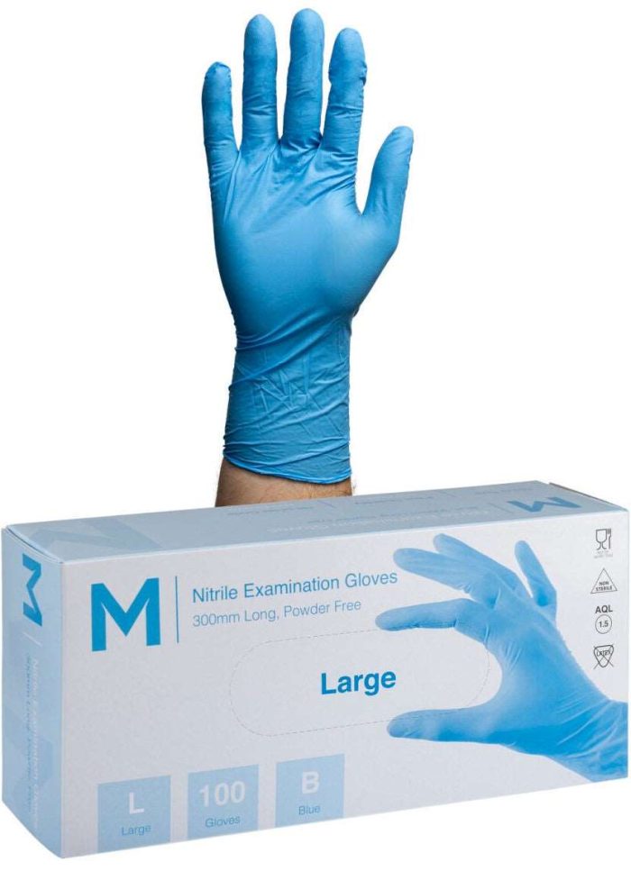 1000 Disposable Blue Nitrile Long Cuff Powder Free Gloves Pack - Large - Image 1