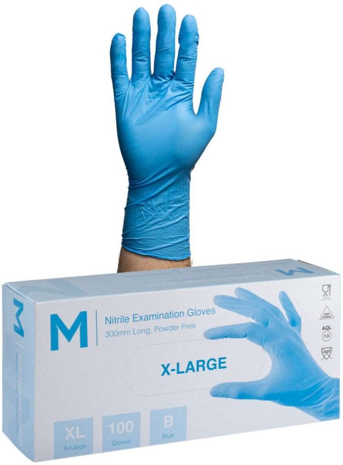 1000 Disposable Blue Nitrile Long Cuff Powder Free Gloves Pack - X-Large - Image 1